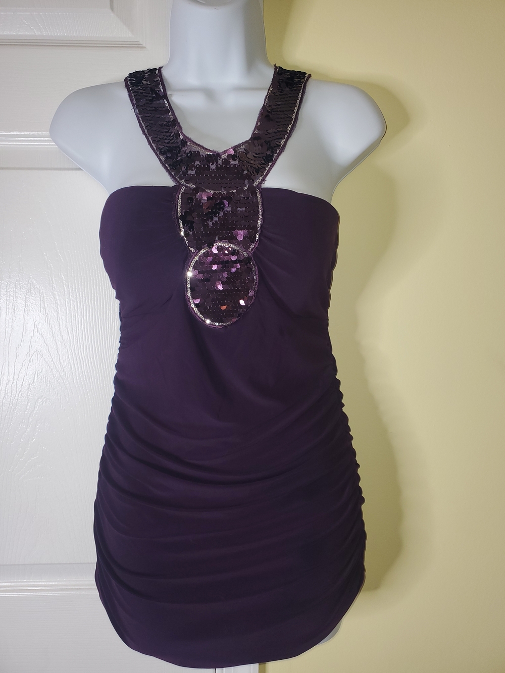 💜Y2K Mandee Purple Ruched Sequin Halter Bodycon Top | Medium